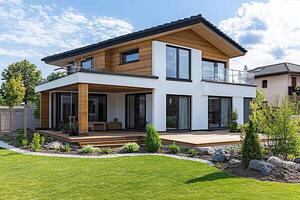 A modern home with a large yard and a deck photo