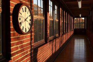 A clock on a wall in a hallway photo