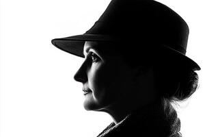 A woman in a hat and scarf is silhouetted against a white background photo