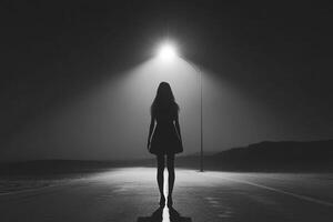 A woman standing in the middle of a road at night photo