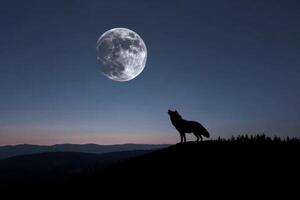 A wolf howling at the moon in the night photo