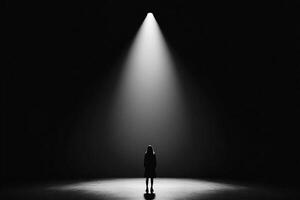 A person standing in the middle of a dark room photo