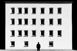 A man stands in front of a building with many windows photo