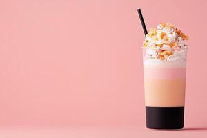 A drink with whipped cream and a straw on a pink background photo