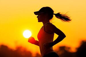 A woman running at sunset with the sun in the background photo