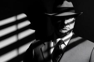 A man in a suit and hat stands in front of a window photo