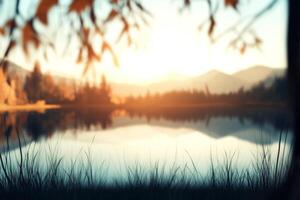 A lake and trees in the background with a sunset photo