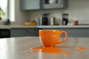 A coffee cup on a kitchen counter with orange liquid photo