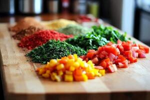 A cutting board with various spices and vegetables photo