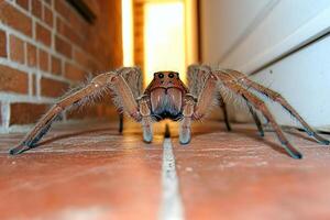 A large spider sitting on the floor in front of a door photo