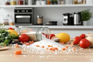A kitchen table with a jar of salt and other ingredients photo