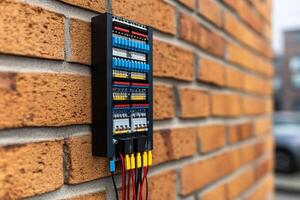 A wall mounted electrical box with wires attached to it photo