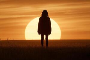 A woman standing in the middle of a field at sunset photo