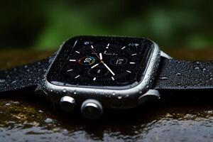 An apple watch sitting on a rock with water droplets on it photo