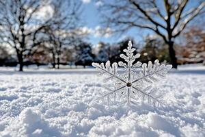 A snowflake sits in the snow on a sunny day photo