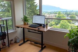 A computer desk with a laptop on it photo