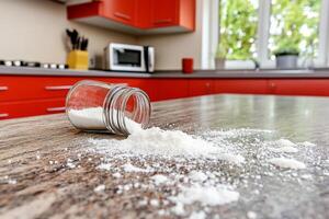 A jar of sugar on a counter top photo