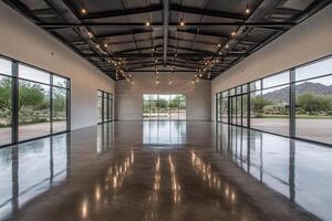An empty room with large windows and concrete floors photo