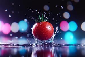 A tomato is splashing water on a black background photo