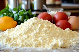 Eggs, flour, and other ingredients are on a counter photo