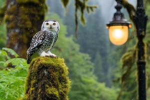 A snowy owl perched on a mossy tree stump photo