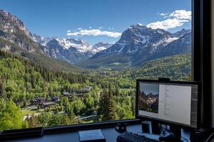 A computer monitor sitting on a desk with a view of mountains photo