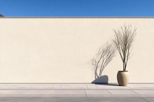 A vase with a tree in it sitting on a sidewalk photo