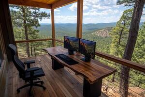 A desk with two monitors on it photo