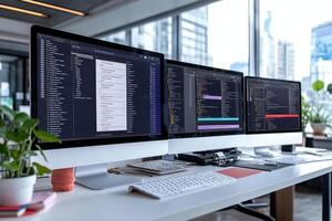 Three computer monitors on a desk with a laptop photo
