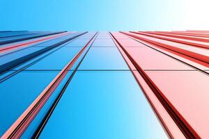 A view of the side of a building with red and blue stripes photo