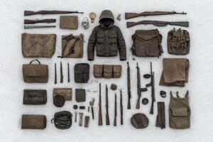 A collection of military equipment laid out on the snow photo