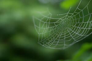 A spider web is shown in front of green leaves photo