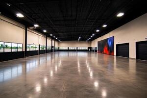 An empty warehouse with a large painting on the wall photo