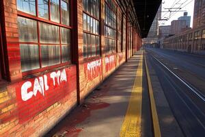 A train is parked on a train track with graffiti on the side of the train photo