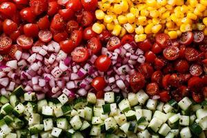 A large assortment of vegetables are arranged in a rainbow pattern photo