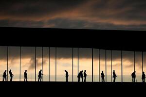 Silhouettes of people standing in front of a building photo