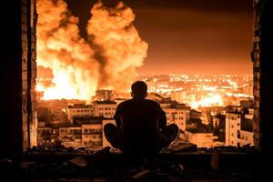 A man sitting in an open window looking at a city photo