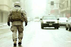 A man in a military uniform walking down a street photo