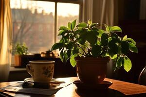A plant in a pot sits on a table next to a cup photo