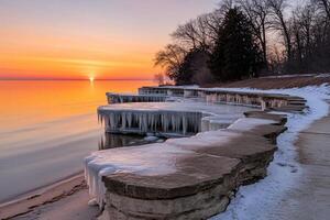 Ice covered steps leading to the shore at sunset photo
