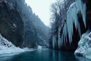 Ice covered cliffs and river in winter photo
