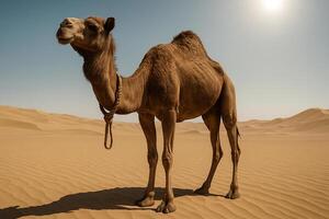 a camel standing in the desert with a sun in the background photo