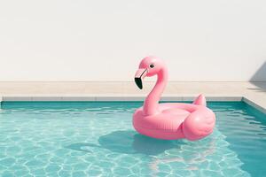 a pink flamingo floating in a pool photo