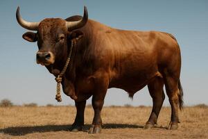 a large brown bull standing in a dry field photo