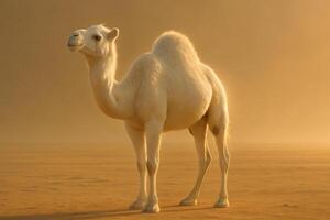 a white camel standing in the desert with a foggy background photo
