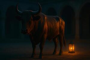 a bull stands in front of a lantern photo