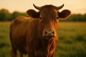a cow standing in a field with a sunset in the background photo