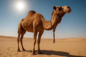 a camel standing in the desert with the sun behind it photo