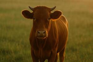 a cow standing in a field with the sun behind it photo