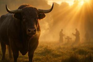 a bull standing in a field with people in the background photo